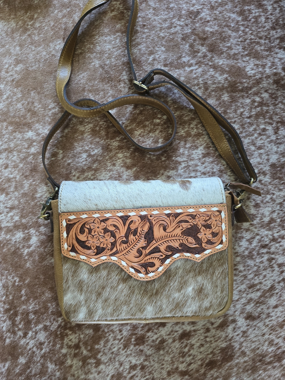 New Western Tooled Floral Cowhide Crossbody Bag in Brown